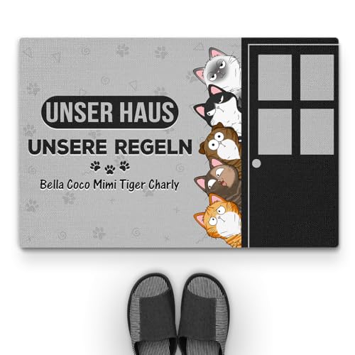 Geschenke Mall Personalisierte Fussmatte - Unser Haus Unsere Regeln - Türmatte Katze, Fußmatte für Katzenliebhaber, Fussmatte Selbst Gestalten, Katzen Personalisiert (#5, Modell #1) von Geschenke Mall