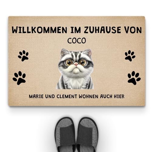 Geschenke Mall Personalisierte Fussmatte - Willkommen Bei ... Wohnen Auch Hier - Personalisierte Fußmatte, Fussmatte Mit Namen, Fussmatte Selbst Gestalten, Fussmatte Katzen Personalisiert (1 Katze) von Geschenke Mall