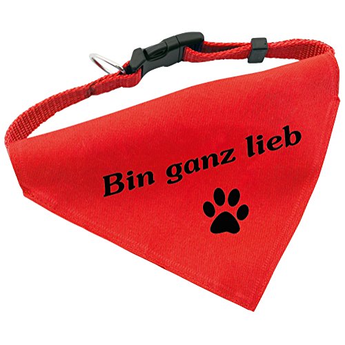 Hunde-Halsband mit Dreiecks-Tuch BIN GANZ LIEB, längenverstellbar von 32 - 55 cm, aus Polyester, in rot von Geschenke mit Namen