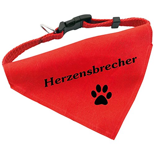 Hunde-Halsband mit Dreiecks-Tuch HERZENSBRECHER, längenverstellbar von 32 - 55 cm, aus Polyester, in rot von Geschenke mit Namen