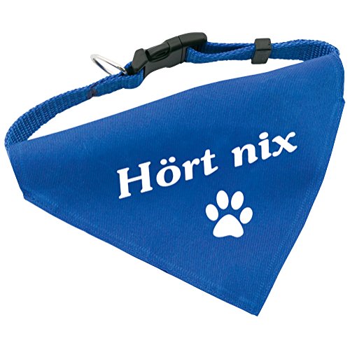 Hunde-Halsband mit Dreiecks-Tuch HÖRT NIX, längenverstellbar von 32 - 55 cm, aus Polyester, in blau von Geschenke mit Namen