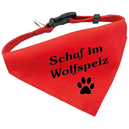 Hunde-Halsband mit Dreiecks-Tuch SCHAF IM WOLFSPELZ, längenverstellbar von 32 - 55 cm, aus Polyester, in rot von Geschenke mit Namen