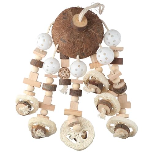 GetCoupon Natürliches Holzblock-Kauspielzeug, Apfelspieß, Vogelkäfig-Zubehör, farbiges Kapok-Seil, beißendes Vogelspielzeug (02) von GetCoupon