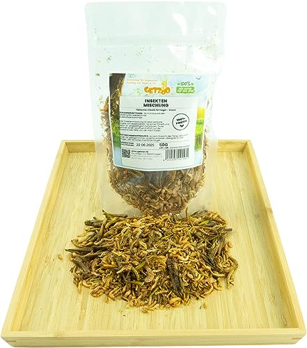 Getzoo Insektenmischung für Nager 50g - Natürliche Eiweißquelle, Schonend Getrocknet - Gammarus, Grashüpfer, Maden, Mehlwürmer, Süßwassershrimps - Ideal für Aufzucht & Energielieferung von Getzoo