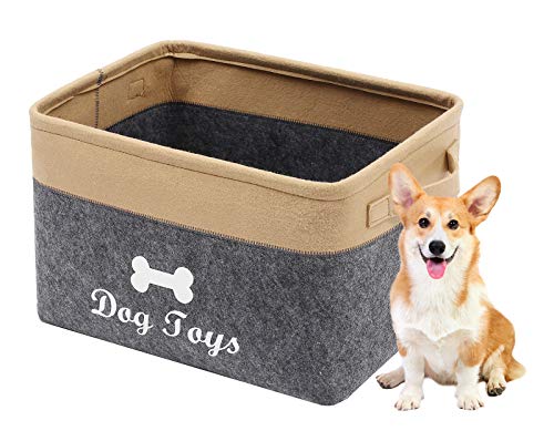 Geyecete Filz Aufbewahrungsbox für Hunde Spielzeug Faltbare spielzeugkiste für Hund mit Griff ohne Deckel Aufbewahrungskorb für Haustier spielzeug-38 x 27 x 25 cm-Mittelgrau/Khaki von Geyecete