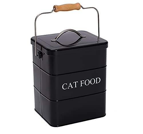 Geyecete - Futtertonnen für Haustierfutter, Vorratsbehälter mit Deckel und Schaufel, Metall futterbox Behälter mit holz griff für Katzen Trockenfutter -2,5 kg Kapazität- Schwarz von Geyecete
