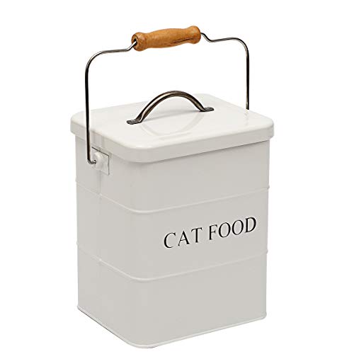 Geyecete - Futtertonnen für Haustierfutter, Vorratsbehälter mit Deckel und Schaufel, Metall futterbox Behälter mit holz griff für Katzen Trockenfutter -2,5 kg Kapazität- Weiß von Geyecete