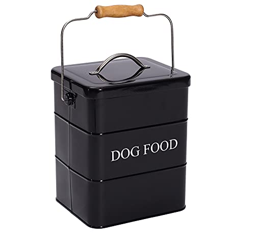 Geyecete - Futtertonnen für Haustierfutter, Vorratsbehälter mit Deckel und Schaufel, Metall futterbox Behälter mit holz griff für hunde Trockenfutter -2,5 kg Kapazität- Schwarz von Geyecete