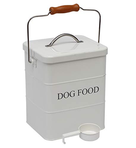 Geyecete - Futtertonnen für Haustierfutter, Vorratsbehälter mit Deckel und Schaufel, Metall futterbox Behälter mit holz griff für hunde Trockenfutter -2,5 kg Kapazität- Weiß von Geyecete