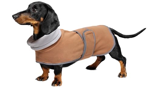 Geyecete -Gemütlich Polarfleece Winter hundemantel fur Dackel,Miniatur Dackel Fleece hundepullover,Hoher Kragen warmes Hundeveste mit Geschirr öffnung,Einstellbar kleine Hundejacke-Braun-L von Geyecete