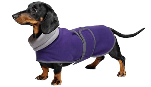 Geyecete -Gemütlich Polarfleece Winter hundemantel fur Dackel,Miniatur Dackel Fleece hundepullover,Hoher Kragen warmes Hundeveste mit Geschirr öffnung,Einstellbar kleine Hundejacke-Lila-L von Geyecete