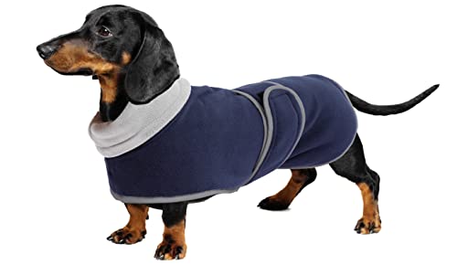 Geyecete -Gemütlich Polarfleece Winter hundemantel fur Dackel,Miniatur Dackel fleece hundepullover,Hoher Kragen warmes Hundeveste mit geschirr öffnung,Einstellbar kleine Hundejacke-Navy Blau-L von Geyecete