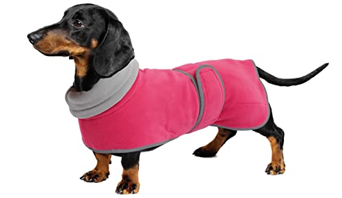 Geyecete -Gemütlich Polarfleece Winter hundemantel fur Dackel,Miniatur Dackel fleece hundepullover,Hoher Kragen warmes Hundeveste mit geschirr öffnung,Einstellbar kleine Hundejacke-Rosa-XL von Geyecete