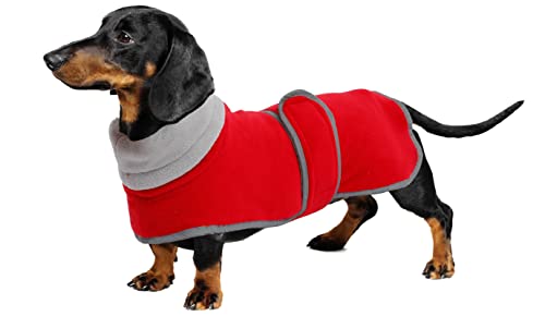 Geyecete -Gemütlich Polarfleece Winter hundemantel fur Dackel,Miniatur Dackel fleece hundepullover,Hoher Kragen warmes Hundeveste mit geschirr öffnung,Einstellbar kleine Hundejacke-Rot-XS von Geyecete