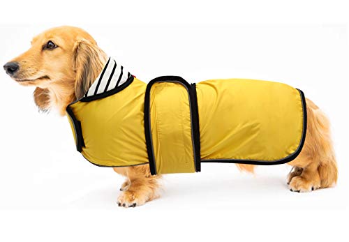 Geyecete Hunde Regenmantel,Einstellbar Wasserdicht Hundejacke für Dackel,Regenmantel mit reflektierenden Trägern,Regenjacken mit Gürtel mit Klettverschluss für Miniaturdackel-Gelb-M von Geyecete