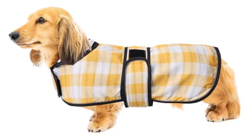 Geyecete Hunde Regenmantel,Einstellbar Wasserdicht Hundejacke für Dackel,Regenmantel mit reflektierenden Trägern,Regenjacken mit Gürtel mit Klettverschluss für Miniaturdackel-Kariert Gelb-S Geyecete Hunde Regenmantel,Einstellbar Wasserdicht Hundejacke für Dackel,Regenmantel mit reflektierenden Trägern,Regenjacken mit Gürtel mit Klettverschluss für Miniaturdackel-Kariert Gelb-S von Geyecete
