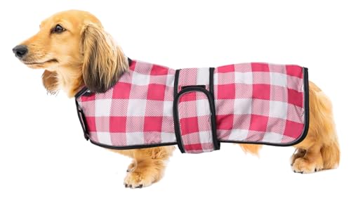 Geyecete Hunde Regenmantel,Einstellbar Wasserdicht Hundejacke für Dackel,Regenmantel mit reflektierenden Trägern,Regenjacken mit Gürtel mit Klettverschluss für Miniaturdackel-Kariert Rosa-XS von Geyecete