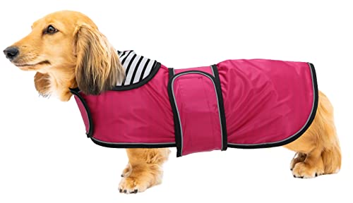 Geyecete Hunde Regenmantel,Einstellbar Wasserdicht Hundejacke für Dackel,Regenmantel mit reflektierenden Trägern,Regenjacken mit Gürtel mit Klettverschluss für Miniaturdackel-Rosa-M von Geyecete