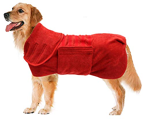 Geyecete Hundebademantel aus Mikrofaser, schnell trocknend Badetuch mit Klettverschluss,sehr saugfähig Bademantel für Hunde und Katzen,Haustier Handtuch-Rot-XL von Geyecete