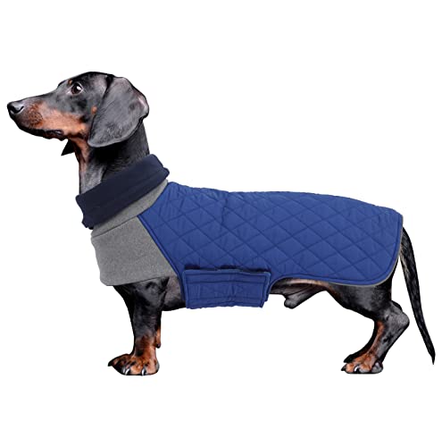Geyecete Dackel Hundemantel, Warmer Quilten Mantel Mit Geschirr Loch, Winddicht Rollkragen Hundejacke, Miniatur Weste für Kleine Hunde - Navy Blau - L von Geyecete
