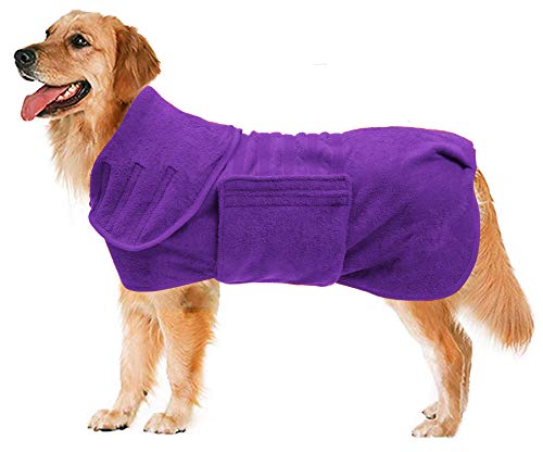 Geyecete Hundebademantel aus Mikrofaser, schnell trocknend Badetuch mit Klettverschluss,sehr saugfähig Bademantel für Hunde und Katzen,Haustier Handtuch-Lila-XL von Geyecete