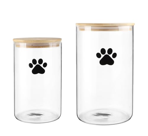 Geyecete Set von 2 Glas Hund Leckerlidose,4L+2L Hunde Katzen Futterbehälter mit Holz Deckel, Versiegelter Futteraufbewahrung für Hunde und Katzen,Hundekeksbehälter von Geyecete