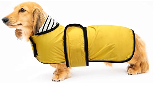 Geyecete Hunde Regenmantel,Einstellbar Wasserdicht Hundejacke für Dackel,Regenmantel mit reflektierenden Trägern,Regenjacken mit Gürtel mit Klettverschluss für Miniaturdackel-Gelb-XS von Geyecete
