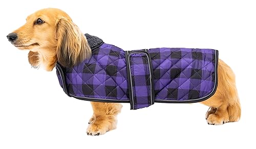 Geyecete Wasserdichter Hundemantel für Dackel, Hundejacke Winter Mit Warmem Fleecefutter, Verstellbare Outdoor Hundebekleidung für Miniatur Dackel - Kariert Lila - L von Geyecete
