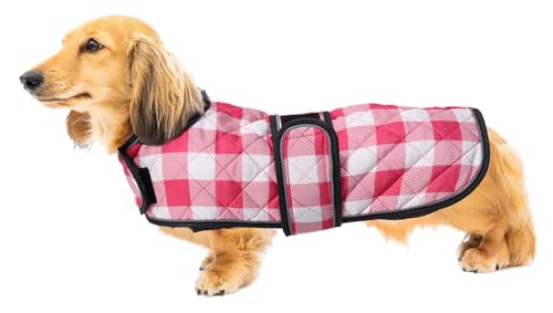 Geyecete Wasserdichter Hundemantel für Dackel, Hundejacke Winter Mit Warmem Fleecefutter, Verstellbare Outdoor Hundebekleidung für Miniatur Dackel - Kariert Rosa - XS von Geyecete
