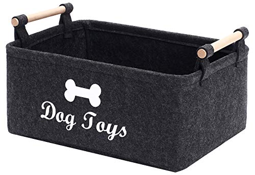Geyecete-Filz Aufbewahrungsbox für Hundespielzeug,Organizer mit Holzgriff, Aufbewahrungskorb für haustierbedarf, Spielzeugbehälter für Hunde，Aufbewahrungsbox ohne Deckel-38X25X 15cm-Dunkel Grau von Geyecete