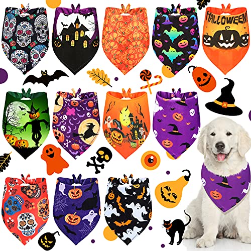 12 Stücke Hund Bandanas Dreieck Bandana mit Halloween Kürbis Muster für Halloween Haustier Kostüm Zubehör Dekoration (Kürbis und Fledermaus) von Geyoga