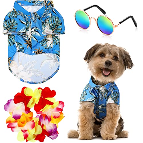 3-teiliges Haustier-Hunde-Hawaii-Kostüm, inklusive coolen T-Shirts für Welpen, lustige, niedliche Hunde-Retro-Sonnenbrille und einem bunten Kranz für kleine bis mittelgroße Hunde (blaue Serie) von Geyoga