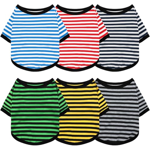 Geyoga Hunde-T-Shirt, gestreift, Baumwolle, atmungsaktiv, bunt, für kleine bis mittelgroße Hunde, Welpen, 6 Stück (dunkle Farbe, L) von Geyoga