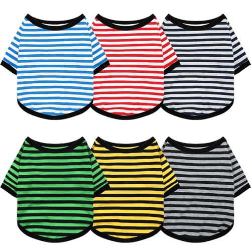 Geyoga Hunde-T-Shirt, gestreift, Baumwolle, atmungsaktiv, bunt, für kleine bis mittelgroße Hunde, Welpen, 6 Stück (dunkle Farbe, M) von Geyoga