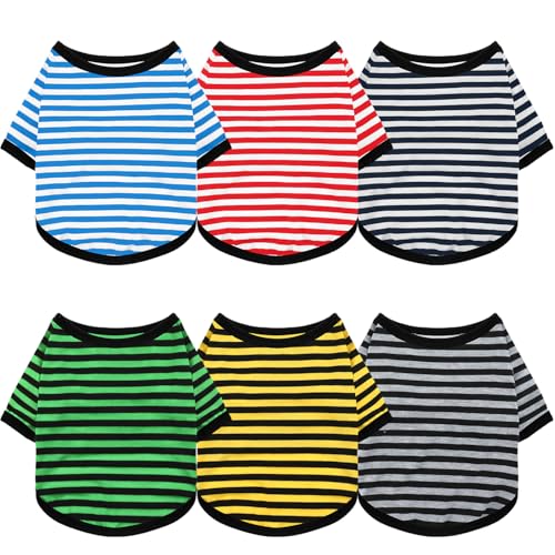 Geyoga Hunde-T-Shirt, gestreift, Baumwolle, atmungsaktiv, bunt, für kleine bis mittelgroße Hunde, Welpen, 6 Stück (dunkle Farbe, S) von Geyoga