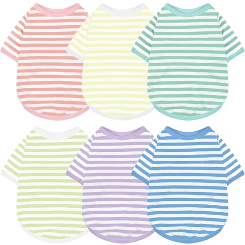 Geyoga Hunde-T-Shirt, gestreift, Baumwolle, atmungsaktiv, bunt, für kleine bis mittelgroße Hunde, Welpen, 6 Stück (sanfte Farbe, L) von Geyoga