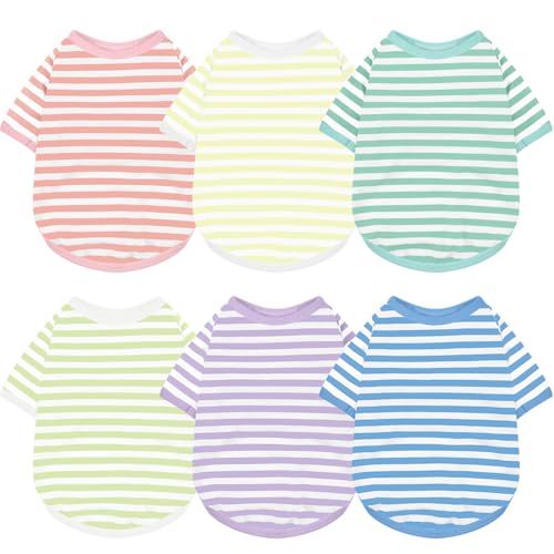 Geyoga Hunde-T-Shirt, gestreift, Baumwolle, atmungsaktiv, bunt, für kleine bis mittelgroße Hunde, Welpen, 6 Stück (sanfte Farbe, M) von Geyoga