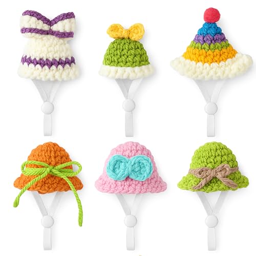 Geyoga Mini-Strickmütze, 17,8 cm, Gänsemütze, Hut mit verstellbarem Riemen, Mini-Veranda, Gans, Kopfbedeckung für Statue, Schlüsselhalter, 6 Stück, Gelb, Grün, Rosa, Grau, Braun, Blau, 5 cm von Geyoga