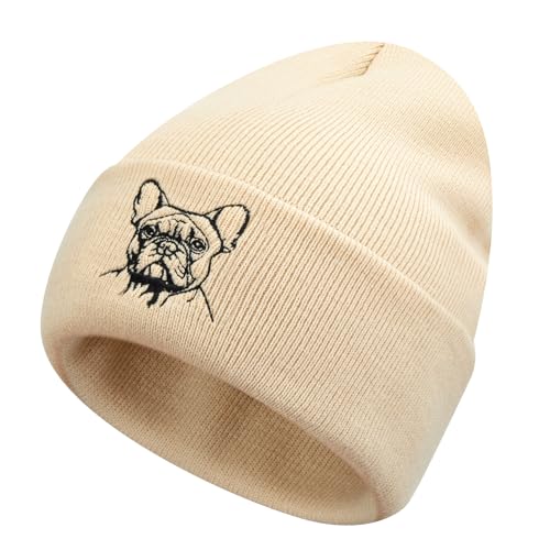 Geyoga Warme Weiche Wintermütze Winter Beanie Mütze Strickmütze mit Stickerei Kalte Mütze mit Hundestickerei Geschenk Strickmütze für Hundebesitzer(Beige,Französischer Hund) von Geyoga