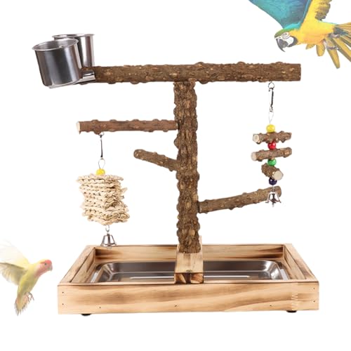 Bird Perch Stand, Parrot Playground with Feeder Cups, 14.02x10.24x13.39 Inches Natural Wood Playset, Cockatiels, Budgies, Interactive Climbing Toy for Cage or Tabletop Use von Ghjkldha