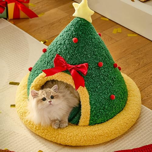 Ghzste Pet House Nest Weihnachtsbaum Katzenbetten für Innenkatzen Höhlenbett Halb Geschlossenes Design Multifunktional Weihnachtsbaum Dreieckig Warmes Haustierhaus Zeltbett für Zuhause von Ghzste