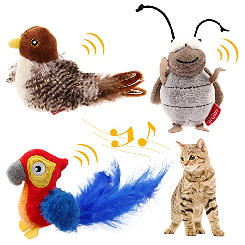Gigwi Automatisches Katzenspielzeug-Set, interaktives Katzenspielzeug, elektronische Quietschtiere Vogel/Cricket/Roter Papagei, Katzenspielzeug für drinnen Katzen Langeweile, 3 Stück von GiGwi