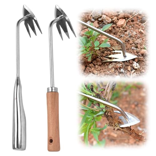 GiHie Unkrautentferner für Den Garten, Unkrautentferner aus Rostfreiem Stahl mit 3 Zähnen, Garten Geräte für Rasenpflege und Unkrautentfernung im Freien (2 PCS) von GiHie