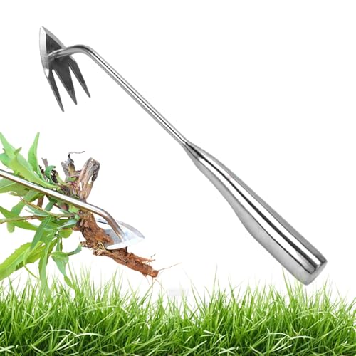 GiHie Unkrautentferner für Den Garten, Unkrautentferner aus Rostfreiem Stahl mit 3 Zähnen, Garten Geräte für Rasenpflege und Unkrautentfernung im Freien (Griff aus rostfreiem Stahl) von GiHie