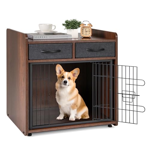 Giantex Hundekäfig Möbel - Holz Hundekäfig Beistelltisch mit 2 Aufbewahrungsschubladen, verriegelte Tür, Haustierhaus Hundehütte Indoor für kleine Hunde, Möbelstil Hundekäfig Beistelltisch, Braun von Giantex