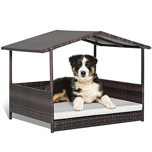 Giantex Weiden-Hundehütte, erhöhtes Rattan-Hundebett mit wasserdichtem Dach, waschbarer Kissenbezug, Stahlrahmen, Indoor Outdoor Erhöhtes Hundebett Haustierhaus für kleine mittelgroße Hunde Katzen, Giantex Weiden-Hundehütte, erhöhtes Rattan-Hundebett mit wasserdichtem Dach, waschbarer Kissenbezug, Stahlrahmen, Indoor Outdoor Erhöhtes Hundebett Haustierhaus für kleine mittelgroße Hunde Katzen, von Giantex