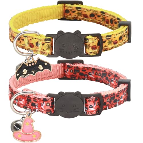 Giecooh Halloween-Katzenhalsband, 2 Stück, Breakaway-Katzen-Halsbänder mit Glocken, Kürbis-Geister-Anhänger und Fledermäuse, Halloween, Orange + Rosa Giecooh Halloween-Katzenhalsband, 2 Stück, Breakaway-Katzen-Halsbänder mit Glocken, Kürbis-Geister-Anhänger und Fledermäuse, Halloween, Orange + Rosa von Giecooh