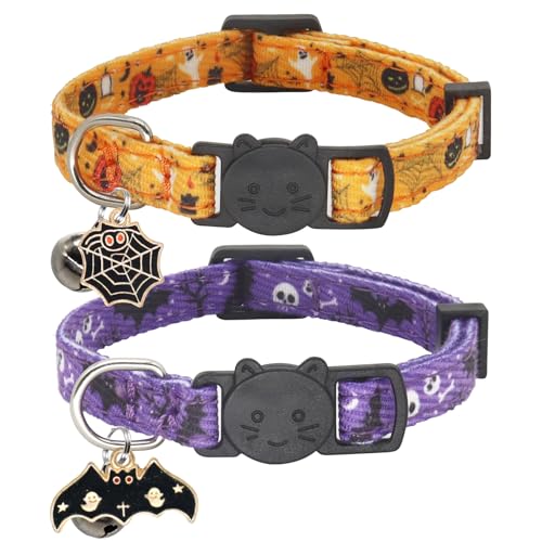 Giecooh Halloween-Katzenhalsband, Baumwolle, 2 Stück, Katzenhalsband mit Glöckchen, Breakaway-Halsbänder für Mädchen, Jungen, Katzen, Kätzchen, Halloween, Violett von Giecooh