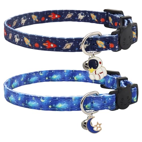 Giecooh Katzenhalsband, Baumwolle, 2er-Pack, Katzenhalsband mit Glöckchen, Abreißhalsbänder für Mädchen, Jungen, Katzen, Kätzchen (Astronaut, 17,8 - 27,9 cm) von Giecooh