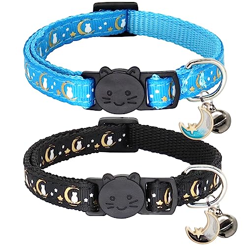 Giecooh Katzenhalsband mit Glocken, verstellbar, Mond und Stern, Sicherheitshalsbänder für Jungen und Mädchen, Schwarz + Blau, 2 Stück von Giecooh